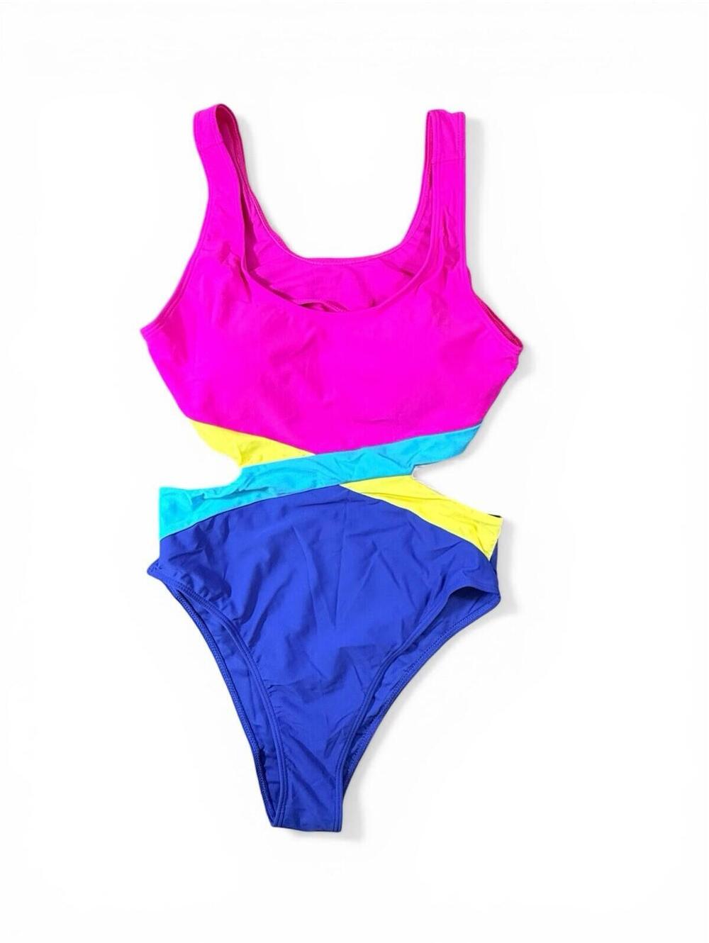 Neon Colorblock One Piece Swimsuit Cutout Criss Cross Pink Blue Yellow Size M
